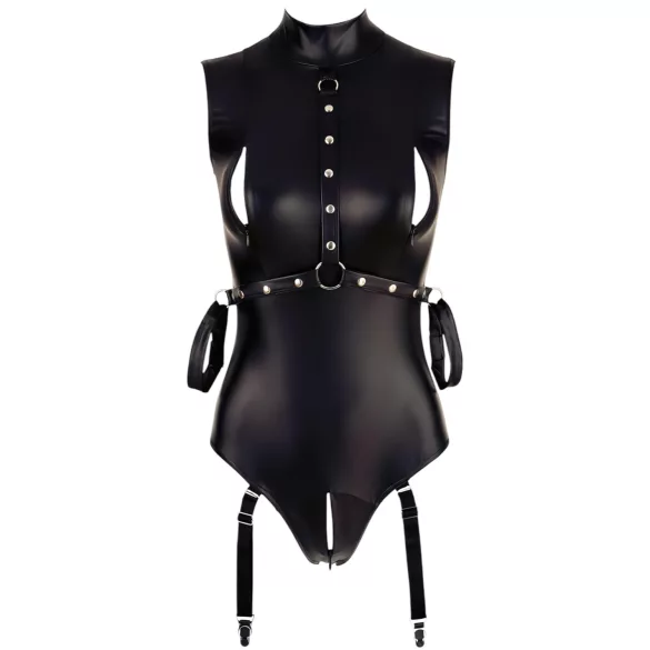 Cottelli Bondage - body zonder mouwen met boeien - glanzend zwart - M