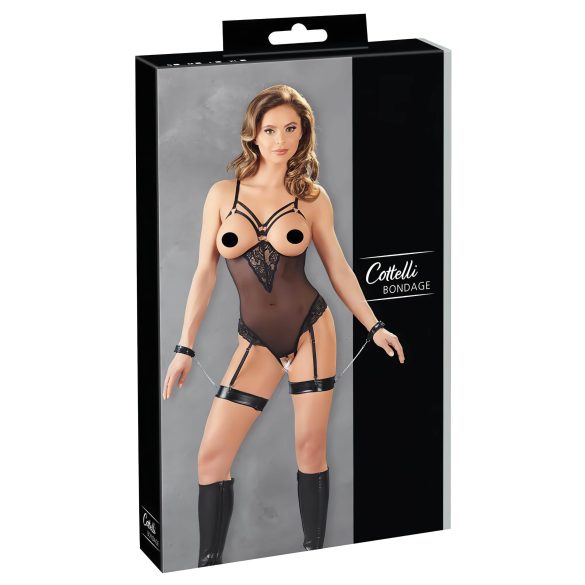 Cottelli Bondage - Zwarte body met metalen ring en polsboeien