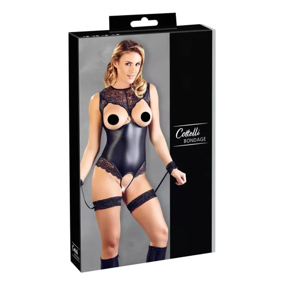 Cottelli Bondage - open body met boeien - glanzend zwart - L