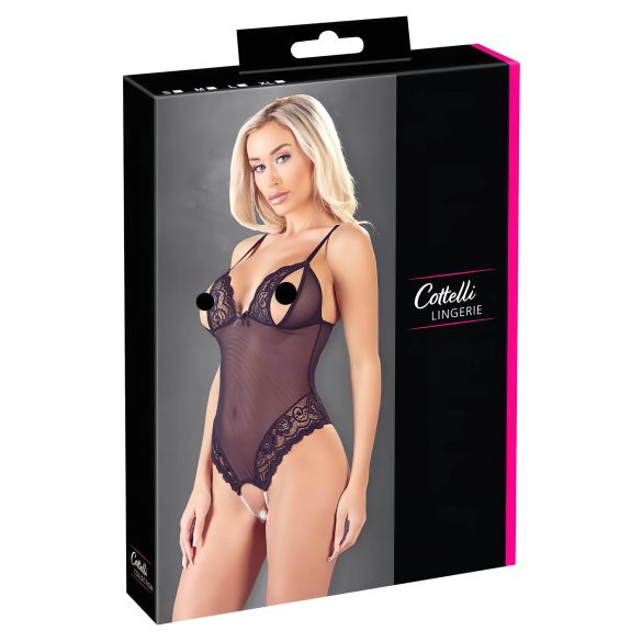 Cottelli - Kanten body met parels & open design (zwart)