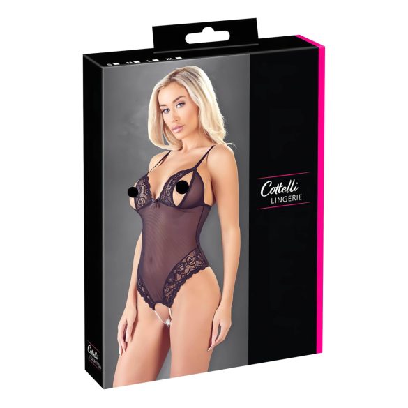 Cottelli - Kanten body met parels & open design (zwart) - XL