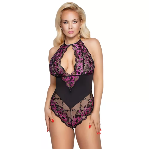 Cottelli Plus Size - bloemen body - zwart/paars