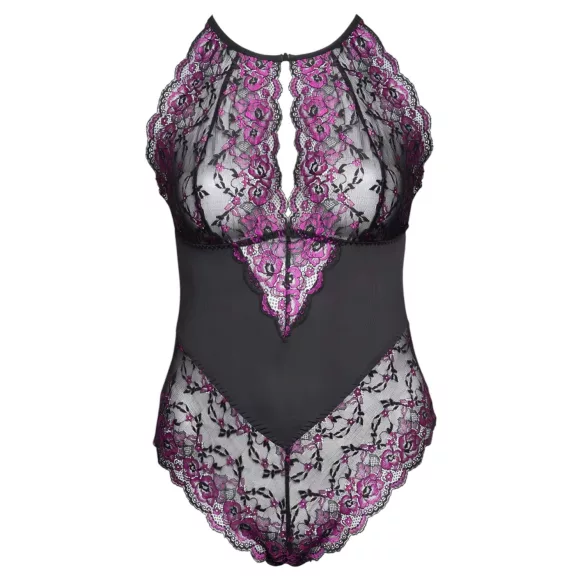 Cottelli Plus Size - bloemen body - zwart/paars
