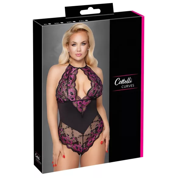 Cottelli Plus Size - bloemen body - zwart/paars - 2XL