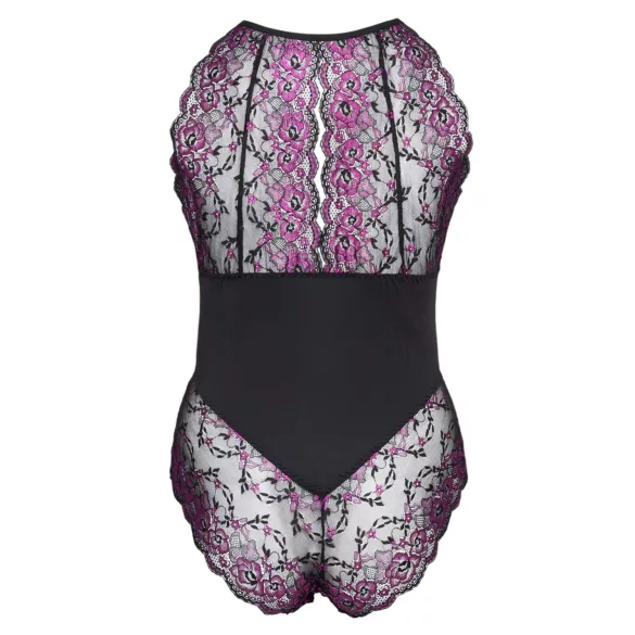 Cottelli Plus Size - bloemen body - zwart/paars - 2XL