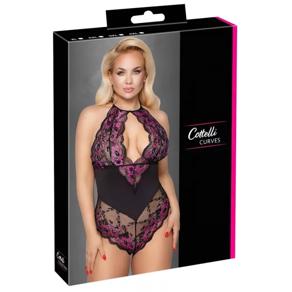 Cottelli Plus Size - bloemen body - zwart/paars - 4XL