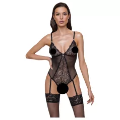 Cottelli - open body met jarretelles en kant - zwart - M