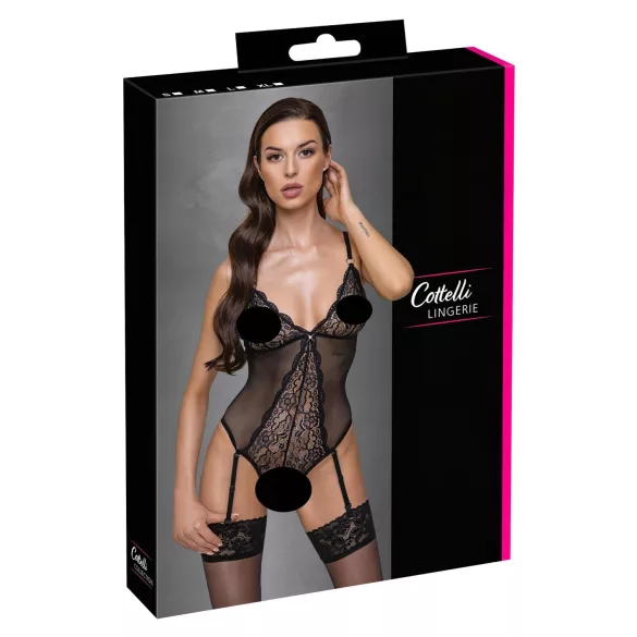 Cottelli - open body met jarretelles en kant - zwart - M
