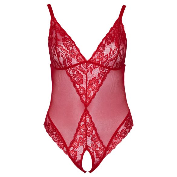 Cottelli Curves - bodysuit grote maten - transparant kant - rood - 2XL