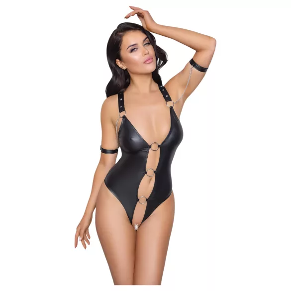 Cottelli Bondage - open body met ringen - glanzend zwart - L