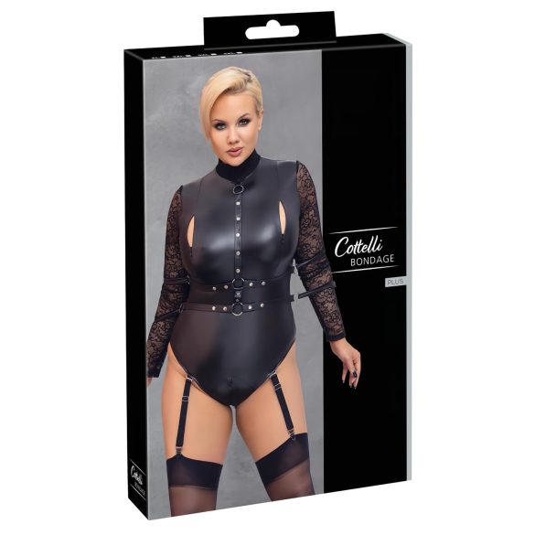 Cottelli Bondage Plus Size - kanten body met lange mouwen (zwart) - 2XL