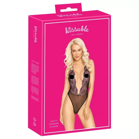Kissable - roze geborduurde body (zwart)