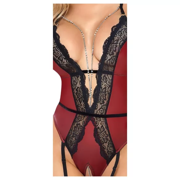 Abierta Fina - open body met jarretels - zwart/rood - lingerie - L
