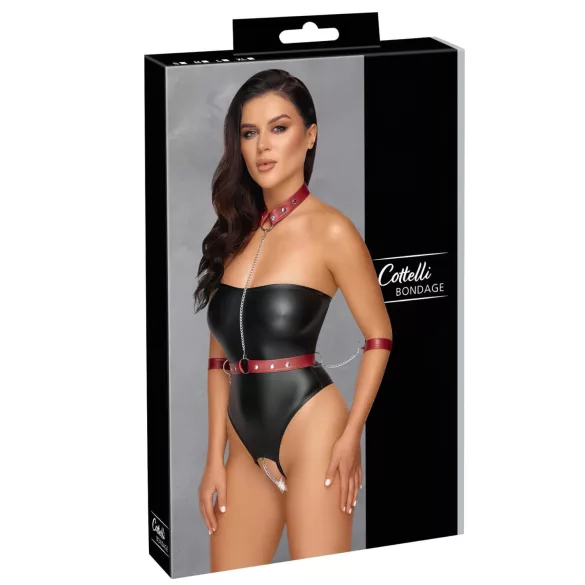 Cottelli Bondage - glanzende body + arm- en halsfixatie (zwart)