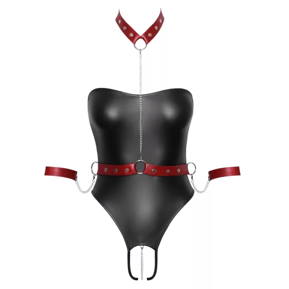 Cottelli Bondage - glanzende body + arm- en halsfixatie (zwart)