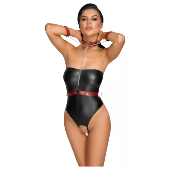 Cottelli Bondage - glanzende body + arm- en halsfixatie (zwart) - L