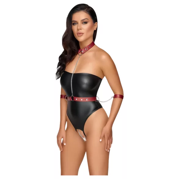 Cottelli Bondage - glanzende body + arm- en halsfixatie (zwart) - L