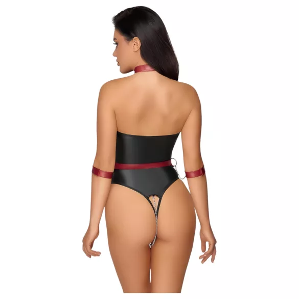 Cottelli Bondage - glanzende body + arm- en halsfixatie (zwart) - L