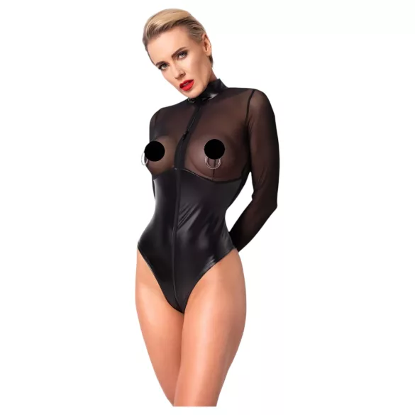 Noir - bodysuit - transparant inzetstuk - glanzend zwart