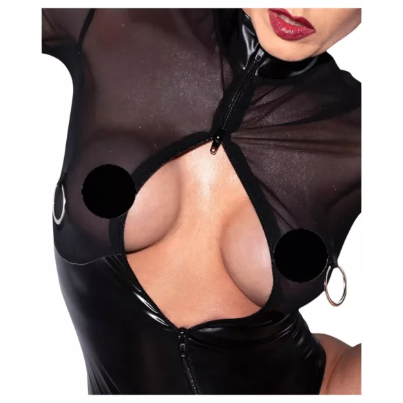 Noir - bodysuit - transparant inzetstuk - glanzend zwart