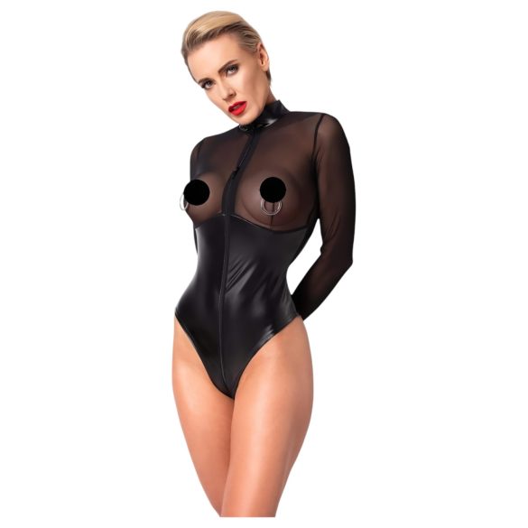 Noir - bodysuit - transparant inzetstuk - glanzend zwart - M