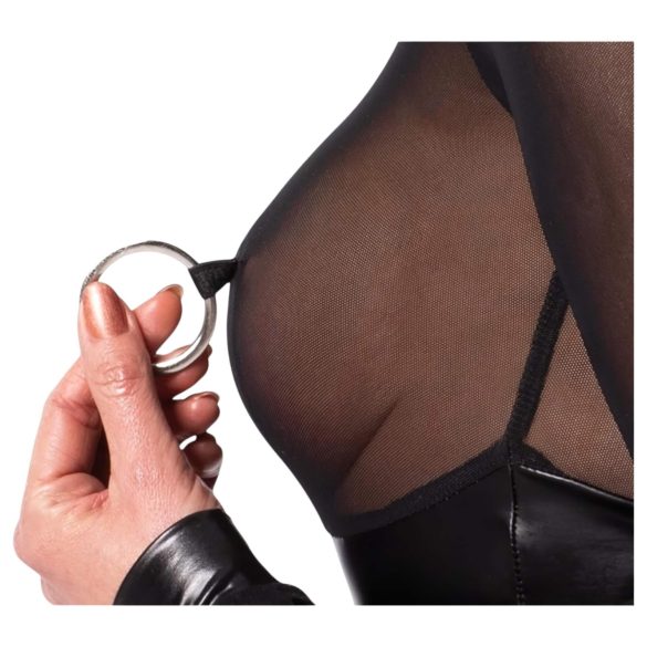 Noir - bodysuit - transparant inzetstuk - glanzend zwart - M
