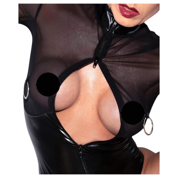 Noir - bodysuit - transparant inzetstuk - glanzend zwart - L