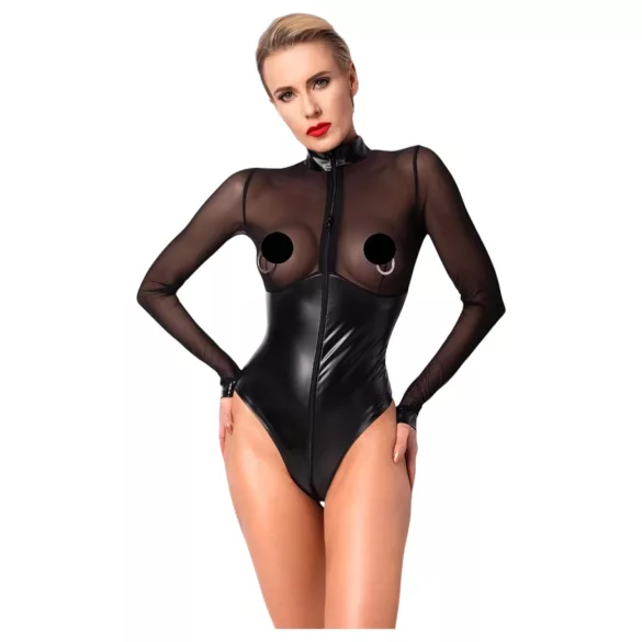 Noir - bodysuit - transparant inzetstuk - glanzend zwart - XL