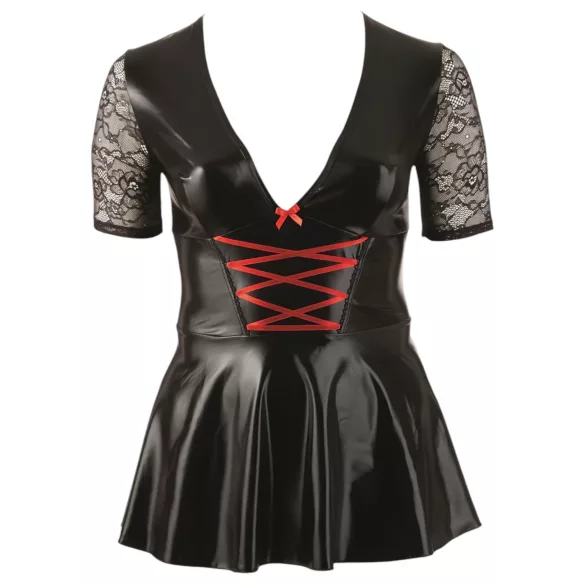 Cottelli Plus Size - glanzende jurk - rood korset detail - zwart - XXL