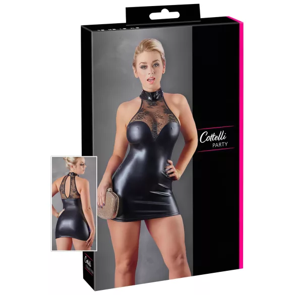 Cottelli - minijurk met kant en glans - halternek - zwart - XL