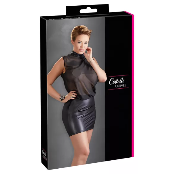 Cottelli Plus Size - transparante jurk - glanzende chiffon - zwart - 2XL