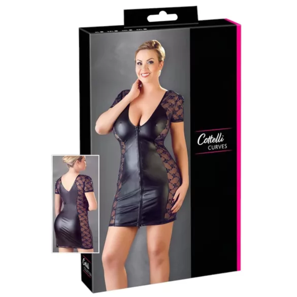 Cottelli Plus Size - babydoll met strik en kant - zwart - 2XL