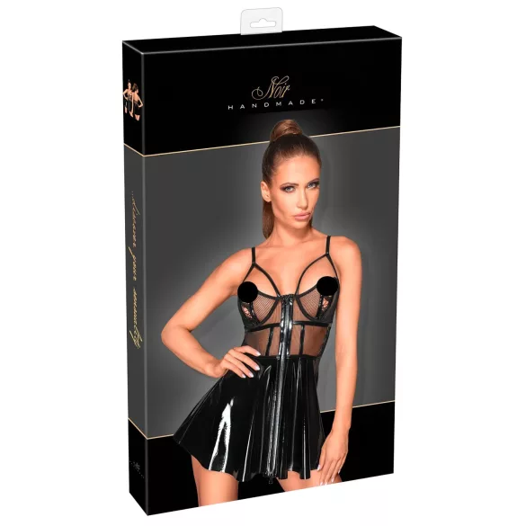 Noir - lakleren jurkje met netstof inzet - zwart - XL