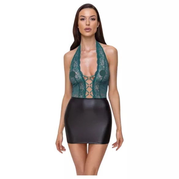 Cottelli - glanzende jurk met veters en kant (zwart-groen)