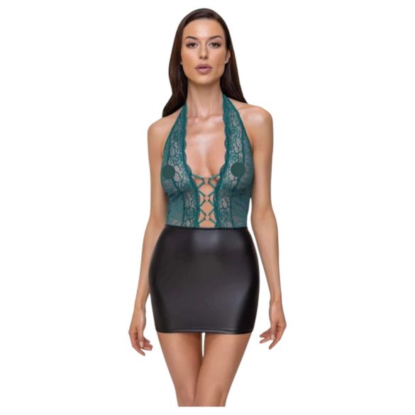 Cottelli - Glanzende jurk met veters en kant (zwart-groen) - M