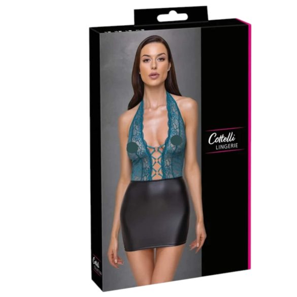 Cottelli - veters met kanten, glanzende jurk (zwart-groen) - XL