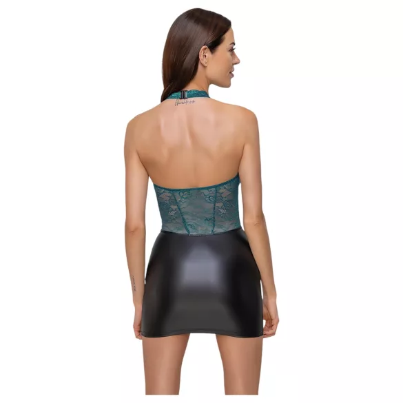 Cottelli - glanzende jurk met veters en kant (zwart-groen) - XL