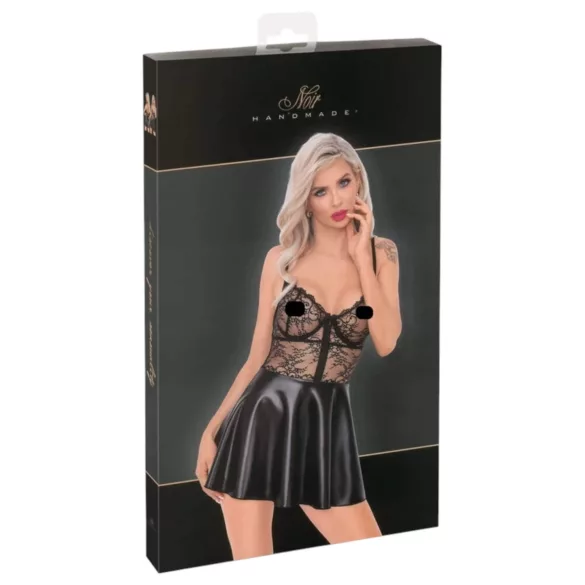 Noir - glanzende jurk met kanten top (zwart)