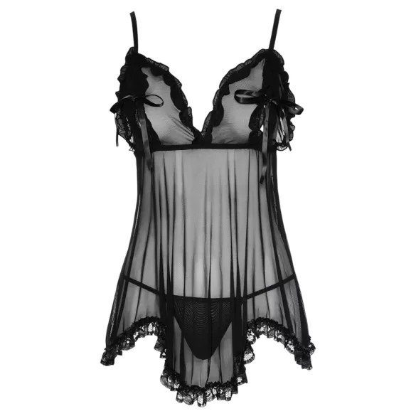 Cottelli - babydoll lingerie - transparant met ruches - zwart - XXL