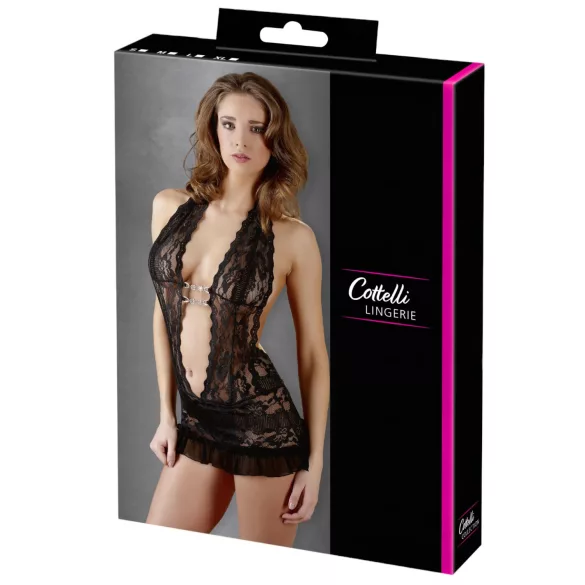 Cottelli - Halter mini jurk - Kant - Zwart - XL