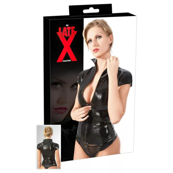Latex dames top met rits en korte mouwen (zwart) - M