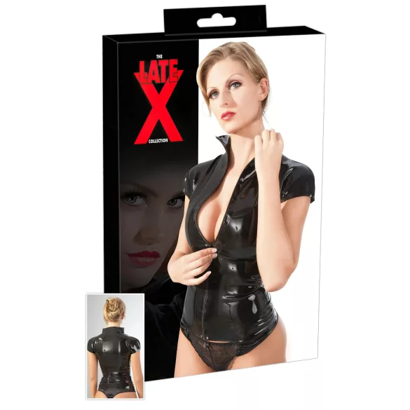 Latex dames top met rits en korte mouwen (zwart) - L