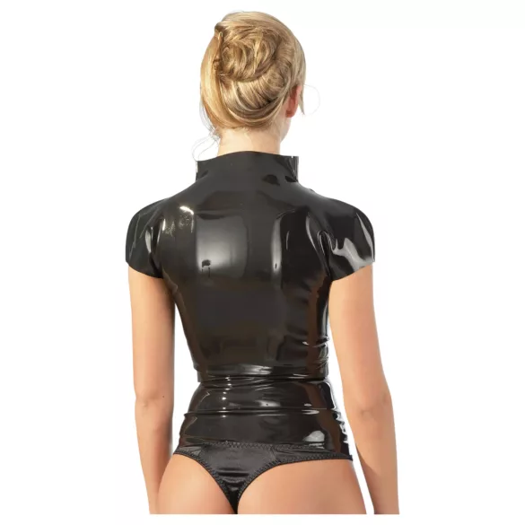 Latex dames top met rits en korte mouwen (zwart) - L