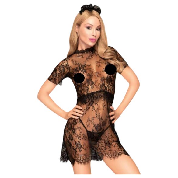 Penthouse Poison Cookie - kanten jurk, string en haarsieraad (zwart) - M/L