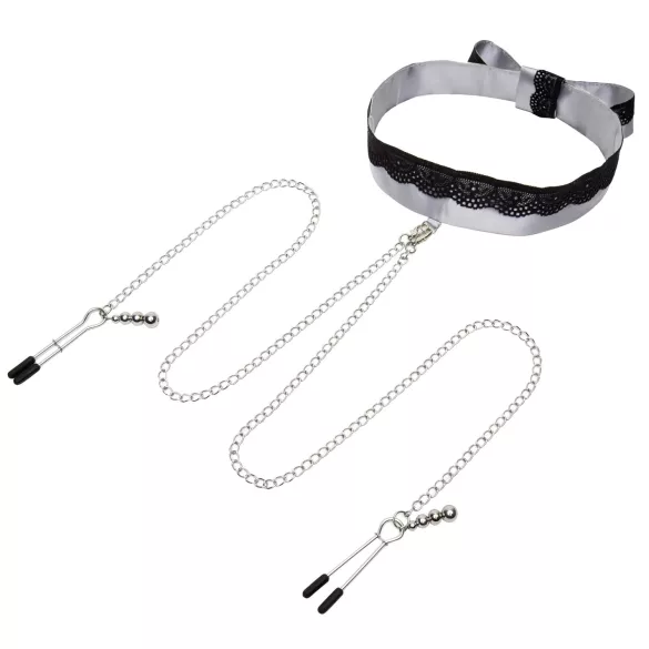 Vijftig tinten grijs Play Nice - tepelklemmen met halsband (zilver)