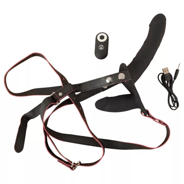 You2Toys - op afstand bedienbare dubbele strap-on vibrator (zwart)