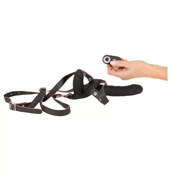 You2Toys - op afstand bedienbare dubbele strap-on vibrator (zwart)
