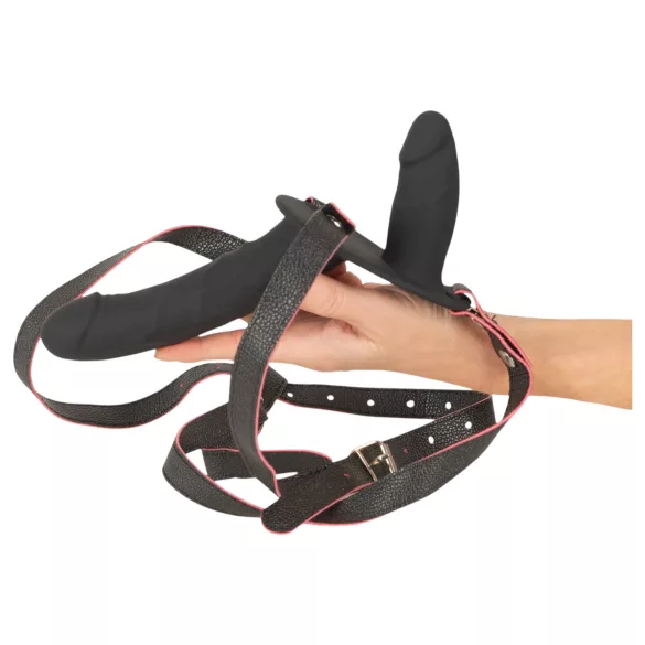 You2Toys - op afstand bedienbare dubbele strap-on vibrator (zwart)