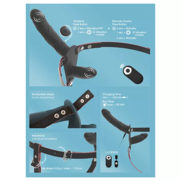 You2Toys - op afstand bedienbare dubbele strap-on vibrator (zwart)
