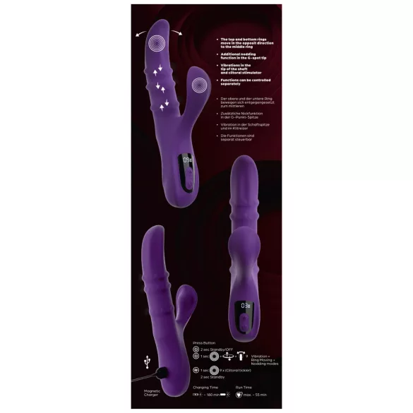 You2Toys - knikkende vibrator met bewegende ring en clitorisstimulator (paars)